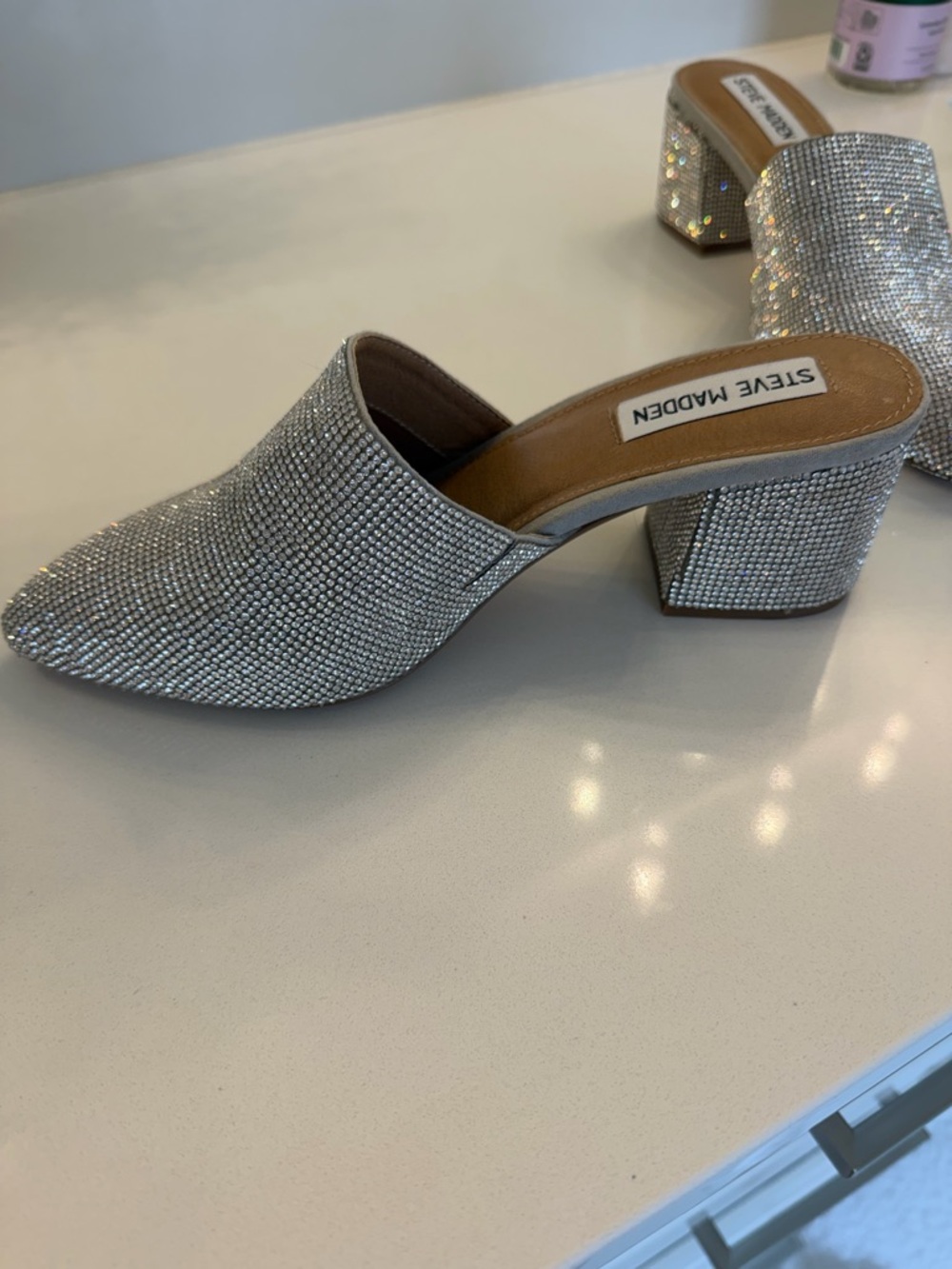 Steve Madden Silver Rhinestone Pointed Toe Mules - Picture 2 of 3